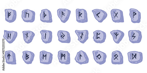 Set of hand drawn viking runes Rune stones with ancient norse alphabet characters engraved on them Scandinavian futhark germanic celtic Single element for design, print, web, decor