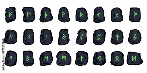 Set of hand drawn viking runes Rune stones with ancient norse alphabet characters engraved on them Scandinavian futhark germanic celtic Single element for design, print, web, decor