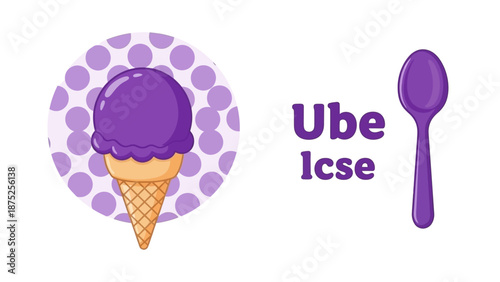 Cartoon ice cream cone with purple scoop and spoon design on white