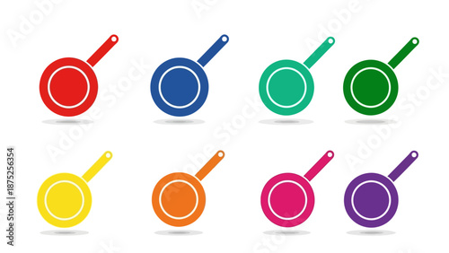 Colorful frying pans illustration set against a white background for design use