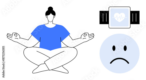 Mental health concept. Mental health through meditation, fitness tracker, and sad face icon. Mental health emphasizing mindfulness and emotional well-being. For wellness, fitness apps, lifestyle