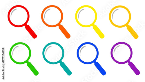 Colorful magnifying glasses in a row for search and investigation concepts