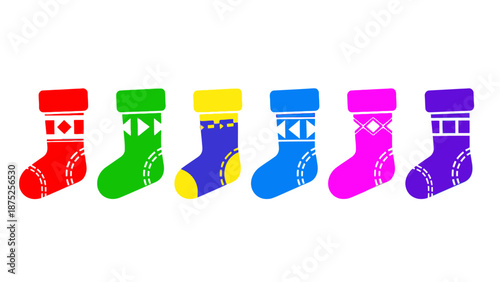 Colorful sock illustrations diverse festive designs on white background