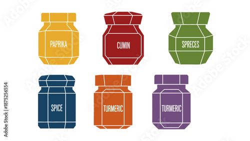 Colorful spice jars on white background culinary and food preparation