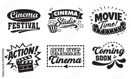 Cinema festival and movie studio vintage badge collection, minimalist black and white cinema labels