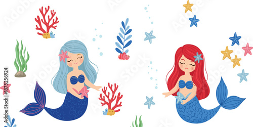Cute Mermaid Character Set with Red and Blue Hair, Seaweed, Coral Reef, and Colorful Starfish Illustrations.