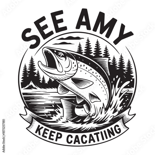 Black and white of a leaping trout with pine trees and mountains fish jumping water