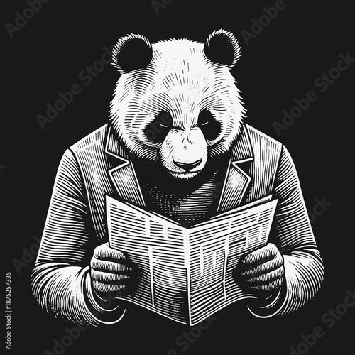 Panda in Suit Reading Newspaper: A Study in Contrasts.