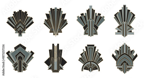 Collection of elegant art deco vintage decorative elements for design projects featuring geometric shapes and retro aesthetic.