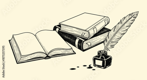 Vintage still life illustration featuring a stack of old books an open book and a quill pen in an inkwell for literature.