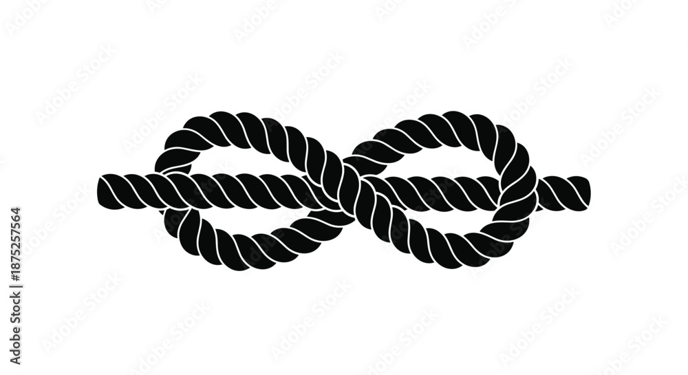 Fototapeta premium Black silhouette of a rope tied in a figure eight or infinity knot representing strength connection and nautical themes.