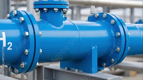 Closeup of Blue Hydrogen Pipeline with H2 Symbol Industrial Technology Infrastructure