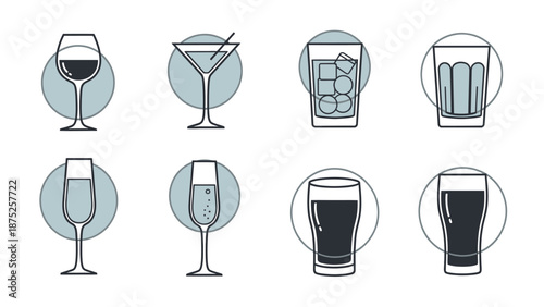 Set of various drinkware icons on white background vector illustration