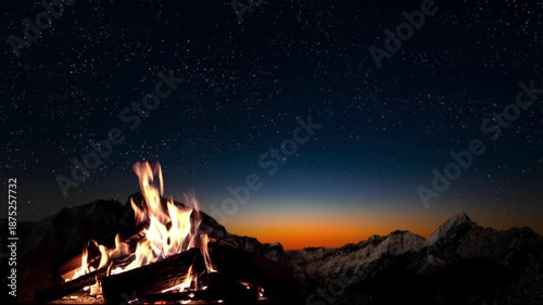 Fireplace with burning wood at night
