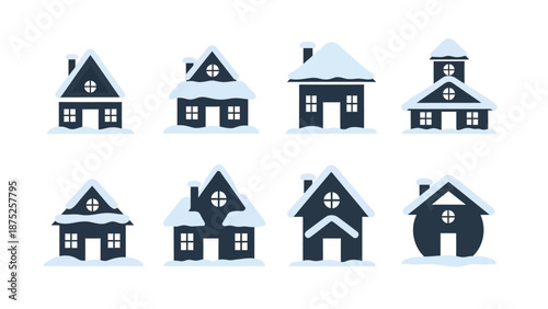 Snow covered houses illustration set for winter holiday season design