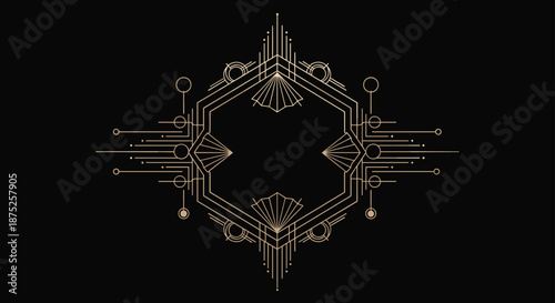 Elegant art deco golden geometric frame with symmetrical line art and fan ornaments on a solid black background for premium design.