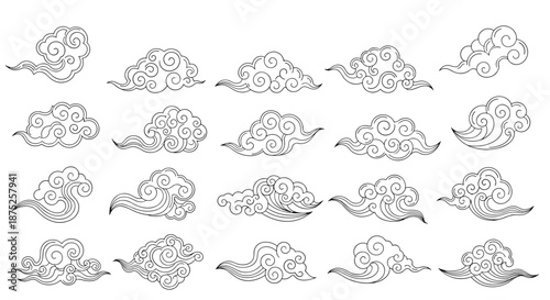 Large collection of stylized Chinese or Japanese clouds in a traditional line art style representing wind, sky, and oriental aesthetics.