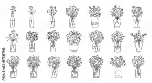 Extensive collection of hand drawn flower bouquets in different glass jars and vases showing various floral arrangements in line art style.