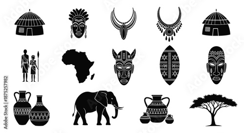 Comprehensive set of black silhouette African culture icons including traditional huts, masks, maps, wildlife, and tribal people on white.