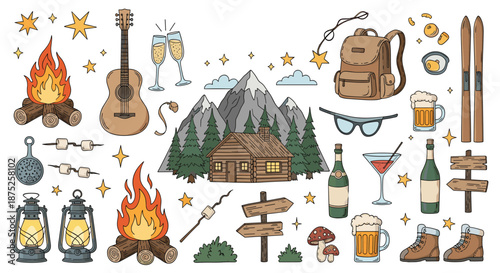 Large collage of outdoor retreat items including cabin, campfire, guitar, drinks, and winter sports gear for mountain vacation themes.