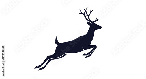 Elegant silhouette of a wild deer with large antlers jumping gracefully through the air on a plain white background.