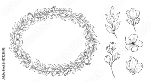 Delicate hand-drawn floral wreath and separate flower branch elements in a fine line vintage style for wedding invitations.