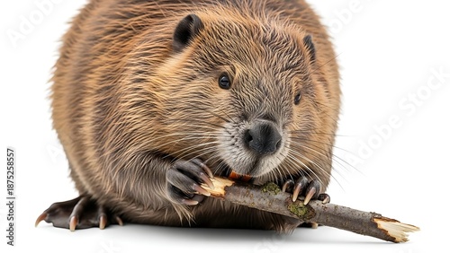 Beaver gnawing on a wooden stick.