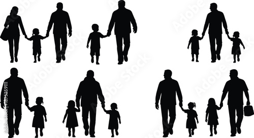Family walking silhouette set, parents holding children hands, happy togetherness moments, people figures collection, black vector icons design