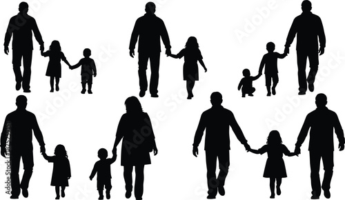Father and children silhouette set walking together isolated on white background parenting family bonding lifestyle illustration collection