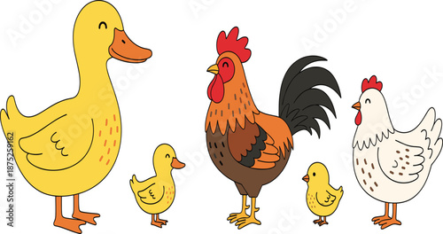 Cute Farm Bird Family Collection Featuring Yellow Duck with Duckling and Rooster with Hen and Chick.
