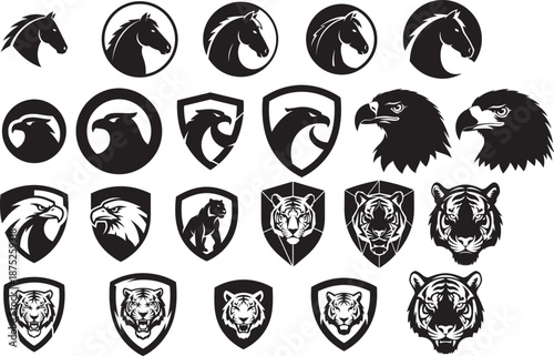 Wild animal logo collection with horse, eagle, tiger and panther head silhouettes in shield and circular emblems, bold black vector set for branding, sports teams, mascots and badges