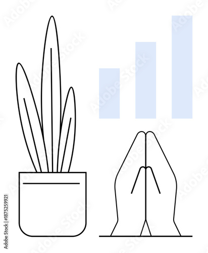 Meditation theme. Meditation by praying hands, natural potted plant, and minimalist bar chart. Meditation for growth, mindfulness, balance, and focus. Perfect for wellness visuals mindfulness