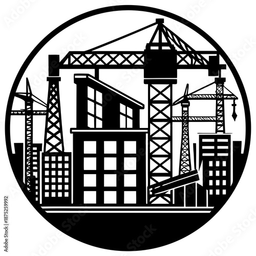 Silhouette of crane and building frames, industry vector isolated on White Background