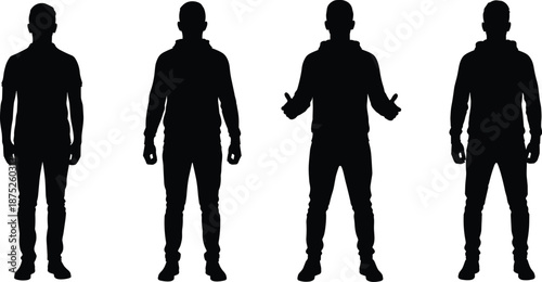 Man silhouette set, male full body standing poses, casual hoodie people figures, front view human shapes, black vector icon collection