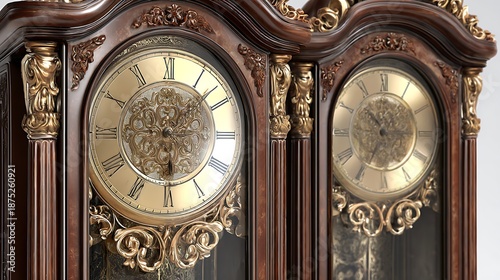 Ornate antique grandfather clock with dual faces and intricate detailing