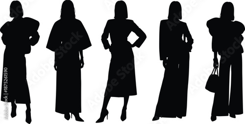 Modern fashion woman silhouette vector set, elegant female standing poses, black stylish outfits isolated on white background for design