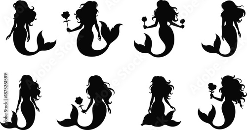 Mermaid silhouette set, fantasy sea princess figures, black vector underwater girl illustrations for fairytale, ocean, magic, design, decoration