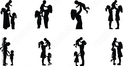 Mother and child silhouette set showing loving parenting moments isolated on white background family bonding care illustration collection