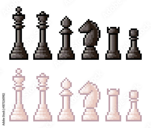 Pixel art chess figures. Pixelated vector illustration of chessmen collection isolated on white background. Retro 8 bit pixel element