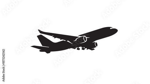 vector illustration of Sleek black silhouette of a passenger airplane taking off against a white background for travel and aviation concepts