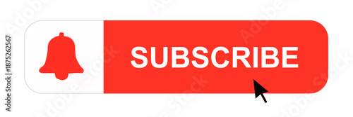 Flat design illustration of a red subscribe button with a notification bell icon and a mouse cursor clicking it, representing social media engagement and call to action.