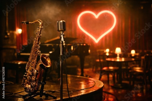A saxophone and microphone are on a stage in front of a neon heart