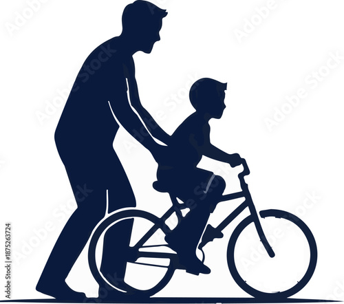 A silhouette shows an adult teaching a child to ride a bicycle