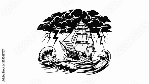 A silhouette of a vintage sailing ship battling rough seas amidst a fierce storm with lightning