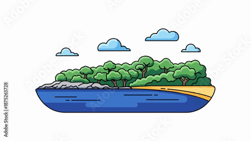 A simplified, stylized island with lush green trees, rocky shores, a sandy beach, and blue water
