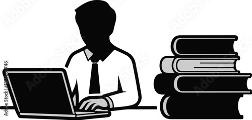 A silhouette of a person in a shirt and tie works on a laptop next to a stack of books