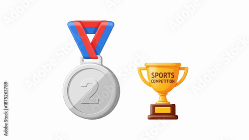 A silver medal with a '2' and a golden trophy with text "SPORTS COMPETITION