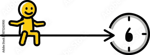 A smiling yellow figure sits on a line pointing towards a clock face with a 6