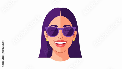 A smiling woman with purple hair and sunglasses