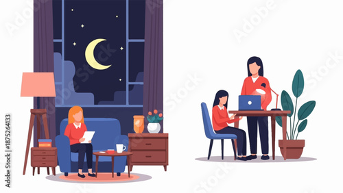 A split image showing two scenes of women in domestic settings